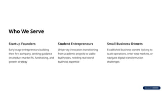 Who We Serve
Startup Founders
Early-stage entrepreneurs building
their first company, seeking guidance
on product-market fit, fundraising, and
growth strategy
Student Entrepreneurs
University innovators transitioning
from academic projects to viable
businesses, needing real-world
business expertise
Small Business Owners
Established business owners looking to
scale operations, enter new markets, or
navigate digital transformation
challenges
 