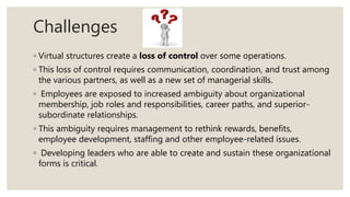 Challenges
◦ Virtual structures create a loss of control over some operations.
◦ This loss of control requires communication, coordination, and trust among
the various partners, as well as a new set of managerial skills.
◦ Employees are exposed to increased ambiguity about organizational
membership, job roles and responsibilities, career paths, and superior-
subordinate relationships.
◦ This ambiguity requires management to rethink rewards, benefits,
employee development, staffing and other employee-related issues.
◦ Developing leaders who are able to create and sustain these organizational
forms is critical.
 