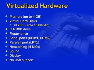 Virtualized Hardware Memory (up to 4 GB) Virtual Hard Disks  (3 VHD – upto 16 GB/vhd) CD/DVD drive Floppy drive Serial ports (COM1, COM2) Paralell port (LPT1)  Networking (4 NICs) Sound Display No USB support 