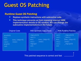 Guest OS Patching Runtime Guest OS Patching Replace synthetic instructions with subroutine calls This technique prevents us from exposing internal VMM implementation details to OS vendors. We can change the subroutine implementations in the future.  pushfd cli mov eax,[ebp+8] call [eax] popfd ret vmpushfd vmcli mov eax,[ebp+8] call [eax] vmpopf ret Original Code With Synthetic Instructions call _vmpushfd call _vmcli mov eax,[ebp+8] call [eax] call _vmpopfd ret With Runtime Patches This patched sequence is correct and fast 