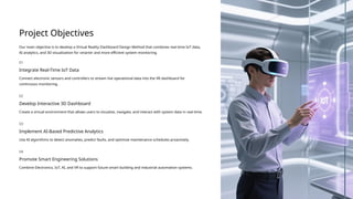 Project Objectives
Our main objective is to develop a Virtual Reality Dashboard Design Method that combines real-time IoT data,
AI analytics, and 3D visualization for smarter and more efficient system monitoring.
01
Integrate Real-Time IoT Data
Connect electronic sensors and controllers to stream live operational data into the VR dashboard for
continuous monitoring.
02
Develop Interactive 3D Dashboard
Create a virtual environment that allows users to visualize, navigate, and interact with system data in real-time.
03
Implement AI-Based Predictive Analytics
Use AI algorithms to detect anomalies, predict faults, and optimize maintenance schedules proactively.
04
Promote Smart Engineering Solutions
Combine Electronics, IoT, AI, and VR to support future smart building and industrial automation systems.
 