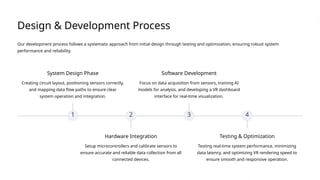 Design & Development Process
Our development process follows a systematic approach from initial design through testing and optimization, ensuring robust system
performance and reliability.
1
System Design Phase
Creating circuit layout, positioning sensors correctly,
and mapping data flow paths to ensure clear
system operation and integration.
2
Hardware Integration
Setup microcontrollers and calibrate sensors to
ensure accurate and reliable data collection from all
connected devices.
3
Software Development
Focus on data acquisition from sensors, training AI
models for analysis, and developing a VR dashboard
interface for real-time visualization.
4
Testing & Optimization
Testing real-time system performance, minimizing
data latency, and optimizing VR rendering speed to
ensure smooth and responsive operation.
 