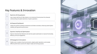 Key Features & Innovation
1
Real-time 3D Visualization
Users interact with live IoT data streams in an immersive 3D environment for enhanced
understanding and spatial awareness of system operations.
2
AI-Powered Dashboard
Utilizes AI to perform predictive maintenance and detect anomalies, enhancing overall system
reliability and operational performance.
3
Dynamic Interface & Optimization
Features interactive fault detection and real-time system optimization to improve functionality,
efficiency, and user engagement.
4
VR Navigation & Simulation
Enables users to explore virtual environments, analyze system operations, and simulate
different performance scenarios for deeper insight and training purposes.
 