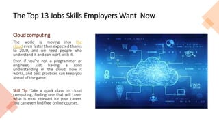 The Top 13 Jobs Skills Employers Want Now
Cloud computing
The world is moving into the
cloud even faster than expected thanks
to 2020, and we need people who
understand it and can work with it.
Even if you're not a programmer or
engineer, just having a solid
understanding of the cloud, how it
works, and best practices can keep you
ahead of the game.
Skill Tip: Take a quick class on cloud
computing, finding one that will cover
what is most relevant for your career.
You can even find free online courses.
 