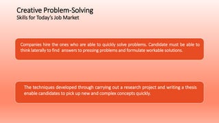 Creative Problem-Solving
Skills for Today’s Job Market
Companies hire the ones who are able to quickly solve problems. Candidate must be able to
think laterally to find answers to pressing problems and formulate workable solutions.
The techniques developed through carrying out a research project and writing a thesis
enable candidates to pick up new and complex concepts quickly.
 