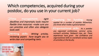 Which competencies, acquired during your
postdoc, do you use in your current job?
Time management: tight
deadlines and impromptu tasks require
flexible time resources –make sure you
can prioritize and often also delegate
tasks well.
Writing skills: Writing articles,
reviewing papers have taught you to
write clear and compelling texts.
Applying for funding: Having
applied for a number of postdoc fellowships,
you know what makes a good proposal.
Organisational skills: As a postdoc
you organized conferences, seminar series,
outreach activities, fieldwork trips, etc. These
experiences have given the confidence and
organizational skills to coordinate various types
of activities at the faculty.
m
 