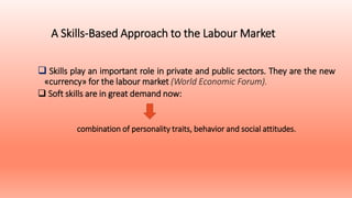 A Skills-Based Approach to the Labour Market
 Skills play an important role in private and public sectors. They are the new
«currency» for the labour market (World Economic Forum).
 Soft skills are in great demand now:
combination of personality traits, behavior and social attitudes.
 
