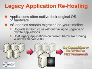 Legacy Application Re-Hosting Applications often outlive their original OS  or hardware VS enables smooth migration on your timeline Upgrade infrastructure without having to upgrade or rewrite applications Host legacy applications on current hardware running Windows Server 2003 