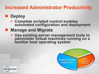 Increased Administrator Productivity Deploy Complete scripted control enables automated configuration and deployment Manage and Migrate Use existing server management tools to administer virtual machines running on a familiar host operating system   Efficient use of hardware resources Best supported solution Productive and responsive 