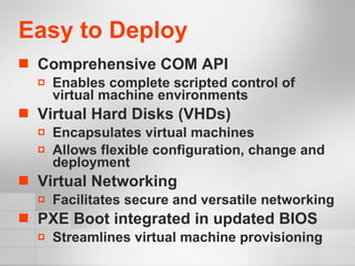 Easy to Deploy Comprehensive COM API  Enables complete scripted control of virtual machine environments Virtual Hard Disks (VHDs)  Encapsulates virtual machines  Allows flexible configuration, change and deployment Virtual Networking  Facilitates secure and versatile networking  PXE Boot integrated in updated BIOS Streamlines virtual machine provisioning 