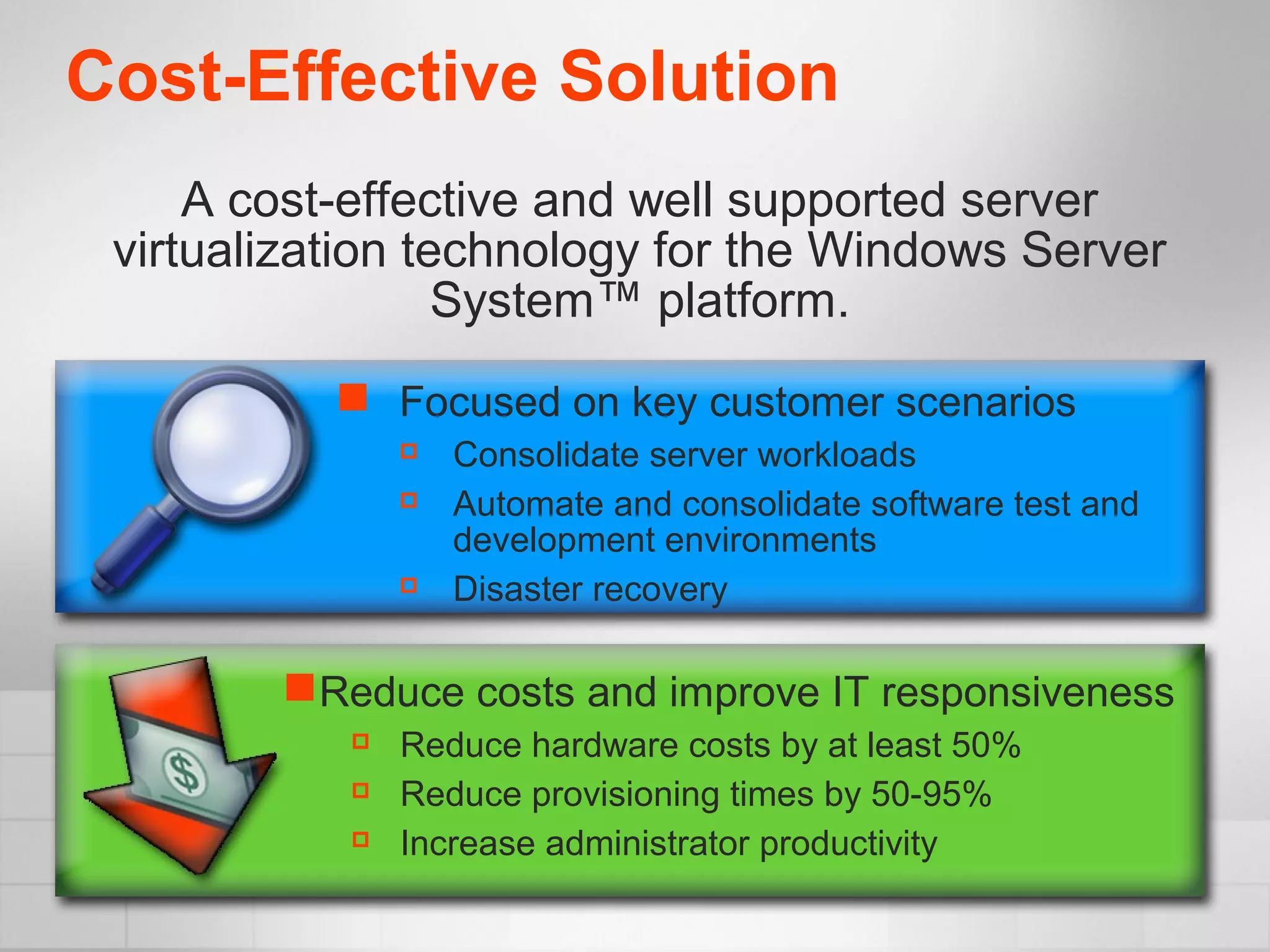 Cost-Effective Solution
 Focused on key customer scenarios
 Consolidate server workloads
 Automate and consolidate software test and
development environments
 Disaster recovery
A cost-effective and well supported server
virtualization technology for the Windows Server
System™ platform.
Reduce costs and improve IT responsiveness
 Reduce hardware costs by at least 50%
 Reduce provisioning times by 50-95%
 Increase administrator productivity
 