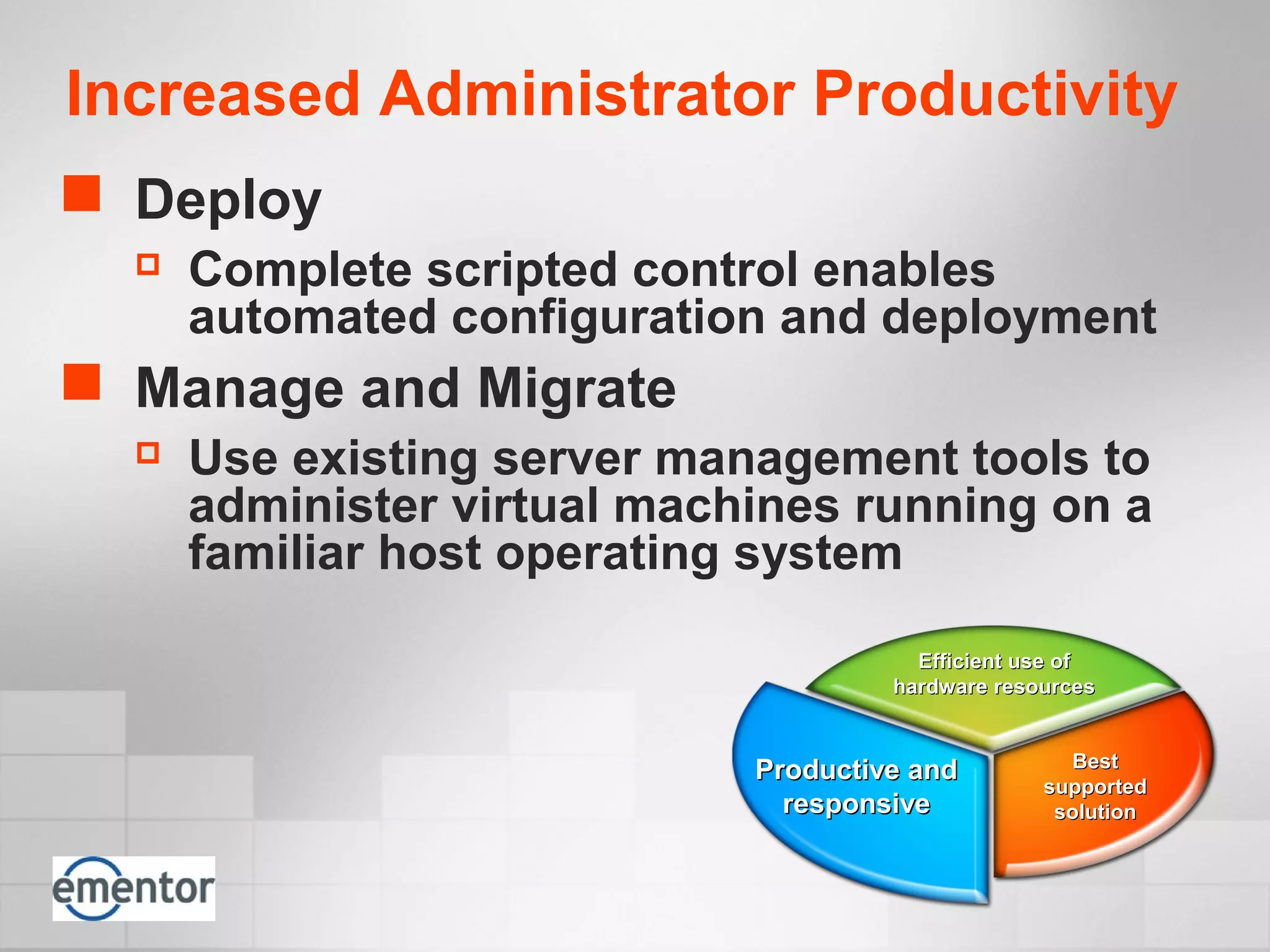 Increased Administrator Productivity
 Deploy
 Complete scripted control enables
automated configuration and deployment
 Manage and Migrate
 Use existing server management tools to
administer virtual machines running on a
familiar host operating system
Efficient use ofEfficient use of
hardware resourceshardware resources
BestBest
supportedsupported
solutionsolution
Productive andProductive and
responsiveresponsive
 
