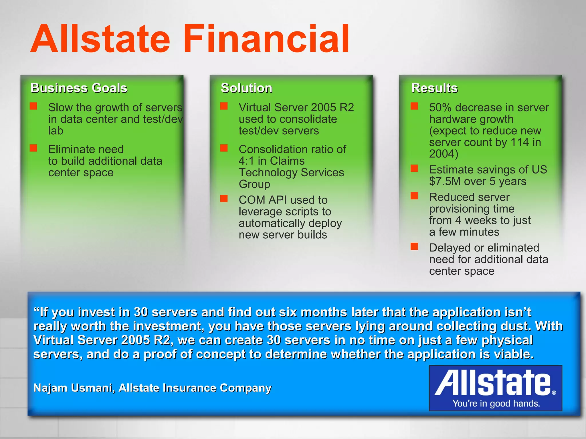 Allstate Financial
Business GoalsBusiness Goals
 Slow the growth of servers
in data center and test/dev
lab
 Eliminate need
to build additional data
center space
““If you invest in 30 servers and find out six months later that the application isn’tIf you invest in 30 servers and find out six months later that the application isn’t
really worth the investment, you have those servers lying around collecting dust. Withreally worth the investment, you have those servers lying around collecting dust. With
Virtual Server 2005 R2, we can create 30 servers in no time on just a few physicalVirtual Server 2005 R2, we can create 30 servers in no time on just a few physical
servers, and do a proof of concept to determine whether the application is viable.servers, and do a proof of concept to determine whether the application is viable.
Najam Usmani, Allstate Insurance CompanyNajam Usmani, Allstate Insurance Company
SolutionSolution
 Virtual Server 2005 R2
used to consolidate
test/dev servers
 Consolidation ratio of
4:1 in Claims
Technology Services
Group
 COM API used to
leverage scripts to
automatically deploy
new server builds
ResultsResults
 50% decrease in server
hardware growth
(expect to reduce new
server count by 114 in
2004)
 Estimate savings of US
$7.5M over 5 years
 Reduced server
provisioning time
from 4 weeks to just
a few minutes
 Delayed or eliminated
need for additional data
center space
 