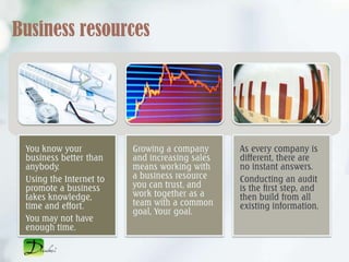 Business resources




 You know your           Growing a company      As every company is
 business better than    and increasing sales   different, there are
 anybody.                means working with     no instant answers.
 Using the Internet to   a business resource    Conducting an audit
 promote a business      you can trust, and     is the first step, and
 takes knowledge,        work together as a     then build from all
 time and effort.        team with a common     existing information.
                         goal, Your goal.
 You may not have
 enough time.
 