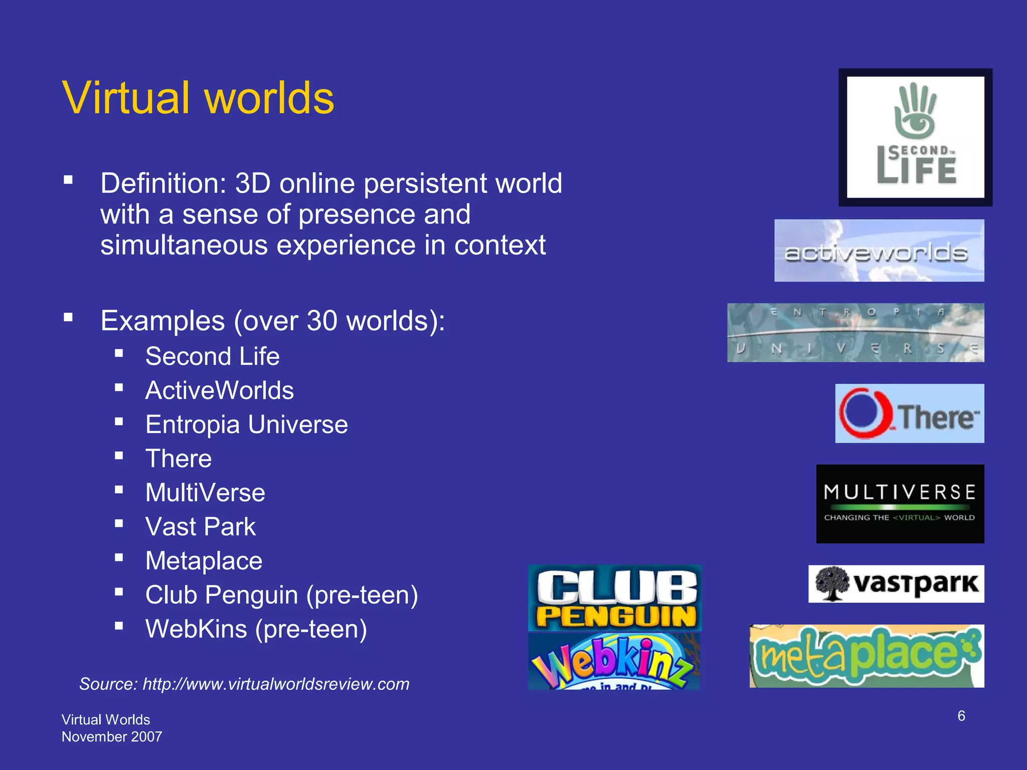 Virtual Worlds
November 2007
6
Virtual worlds
 Definition: 3D online persistent world
with a sense of presence and
simultaneous experience in context
 Examples (over 30 worlds):
 Second Life
 ActiveWorlds
 Entropia Universe
 There
 MultiVerse
 Vast Park
 Metaplace
 Club Penguin (pre-teen)
 WebKins (pre-teen)
Source: http://www.virtualworldsreview.com
 