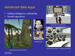 Virtual Worlds
November 2007
32
Advanced data apps
Eolus real-time monitoring
Svarga Artificial Life Ecosystem
Visual repr...