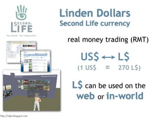 Linden Dollars
                            Second Life currency

                              real money trading (RMT)

 ...