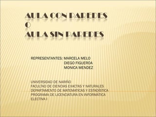 UNIVERSIDAD DE NARIÑO FACULTAD DE CIENCIAS EXACTAS Y NATURALES DEPARTAMENTO DE MATEMATICAS Y ESTADÍSTICA PROGRAMA DE LICENCIATURA EN INFORMÁTICA ELECTIVA I REPRESENTANTES: MARCELA MELO   DIEGO FIGUEROA   MONICA MENDEZ 