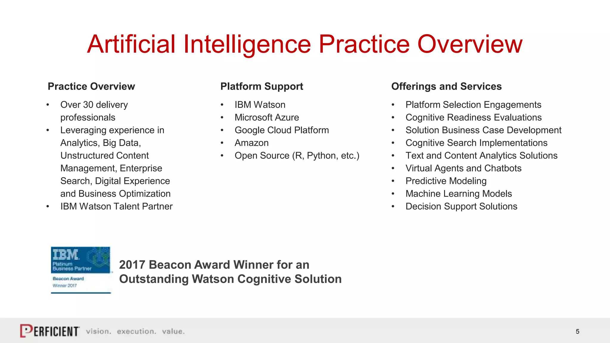5
• Over 30 delivery
professionals
• Leveraging experience in
Analytics, Big Data,
Unstructured Content
Management, Enterprise
Search, Digital Experience
and Business Optimization
• IBM Watson Talent Partner
• IBM Watson
• Microsoft Azure
• Google Cloud Platform
• Amazon
• Open Source (R, Python, etc.)
• Platform Selection Engagements
• Cognitive Readiness Evaluations
• Solution Business Case Development
• Cognitive Search Implementations
• Text and Content Analytics Solutions
• Virtual Agents and Chatbots
• Predictive Modeling
• Machine Learning Models
• Decision Support Solutions
Practice Overview Platform Support Offerings and Services
2017 Beacon Award Winner for an
Outstanding Watson Cognitive Solution
Artificial Intelligence Practice Overview
 