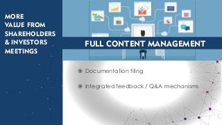  Documentation filing
 Integrated feedback / Q&A mechanisms
FULL CONTENT MANAGEMENT
MORE
VALUE FROM
SHAREHOLDERS
& INVESTORS
MEETINGS
 