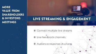  Connect multiple live streams
 Live feedback channels
 Audience response structures
LIVE STREAMING & ENGAGEMENT
MORE
VALUE FROM
SHAREHOLDERS
& INVESTORS
MEETINGS
 