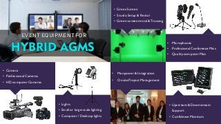 • Lights
• Small or large-scale lighting
• Computer / Desktop lights
• Microphones
• Professional Conference Mics
• Quality computer Mics
• Green Screen
• Studio Setup & Rental
• Green-screen rental &Trussing
• Manpower & Integration
• Onsite Project Management
• Upstream & Downstream
Support
• Confidence Monitors
• Camera
• Professional Cameras
• HD computer Cameras
EVENT EQUIPMENT FOR
HYBRID AGMS
 