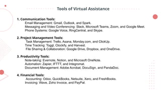 Tools of Virtual Assistance
1. Communication Tools:
Email Management: Gmail, Outlook, and Spark.
Messaging and Video Conferencing: Slack, Microsoft Teams, Zoom, and Google Meet.
Phone Systems: Google Voice, RingCentral, and Skype.
2. Project Management Tools:
Task Management: Trello, Asana, Monday.com, and ClickUp.
Time Tracking: Toggl, Clockify, and Harvest.
File Sharing & Collaboration: Google Drive, Dropbox, and OneDrive.
3. Productivity Tools:
Note-taking: Evernote, Notion, and Microsoft OneNote.
Automation: Zapier, IFTTT, and Integromat.
Document Management: Adobe Acrobat, DocuSign, and PandaDoc.
4. Financial Tools:
Accounting: Odoo, QuickBooks, Netsuite, Xero, and FreshBooks.
Invoicing: Wave, Zoho Invoice, and PayPal.
 