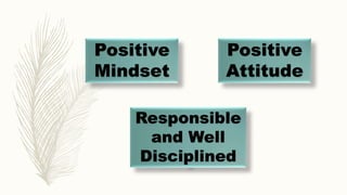 Positive
Mindset
Positive
Attitude
Responsible
and Well
Disciplined
 