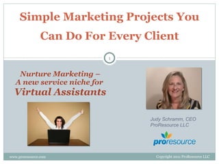 Simple Marketing Projects You Can Do For Every Client Nurture Marketing – A new service niche for  Virtual Assistants www.proresource.com Judy Schramm, CEO ProResource LLC Copyright 2011 ProResource LLC 