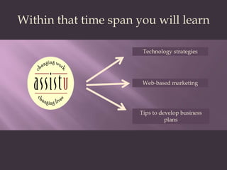 Within that time span you will learnTechnology strategiesWeb-based marketingTips to develop business plans