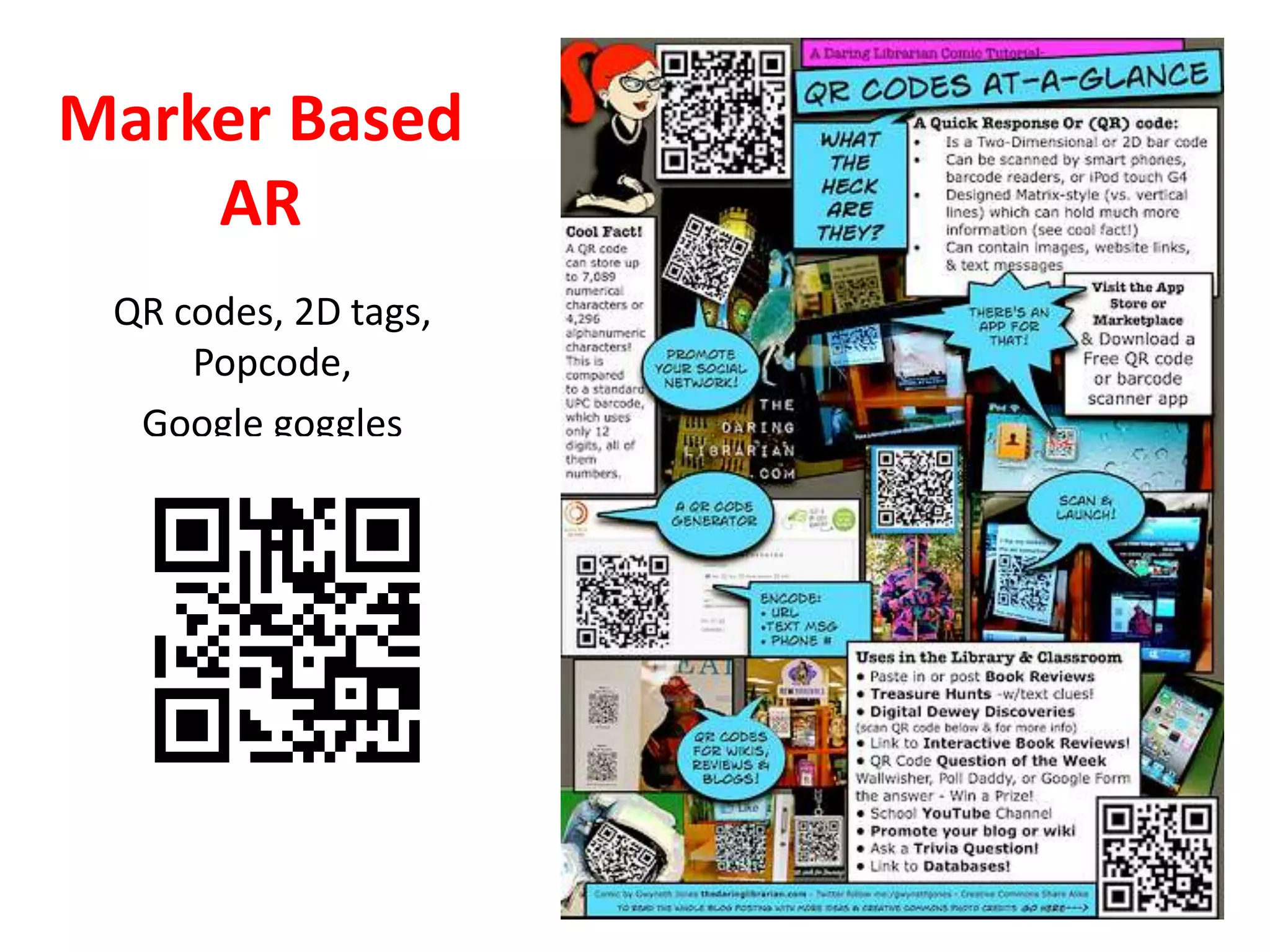 Marker Based
AR
QR codes, 2D tags,
Popcode,
Google goggles
 