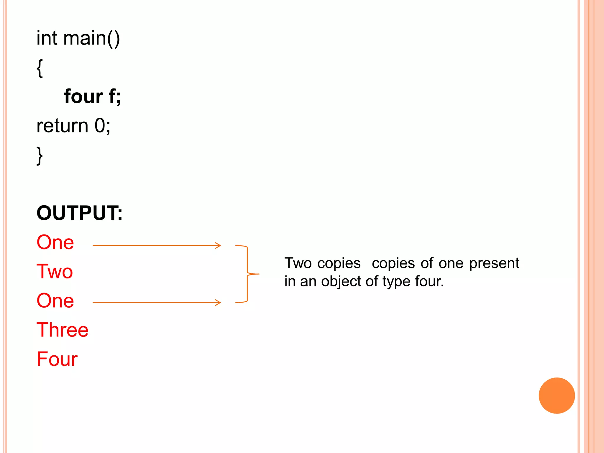 int main()
{
    four f;
return 0;
}

OUTPUT:
One
              Two copies copies of one present
Two           in an object of type four.
One
Three
Four
 