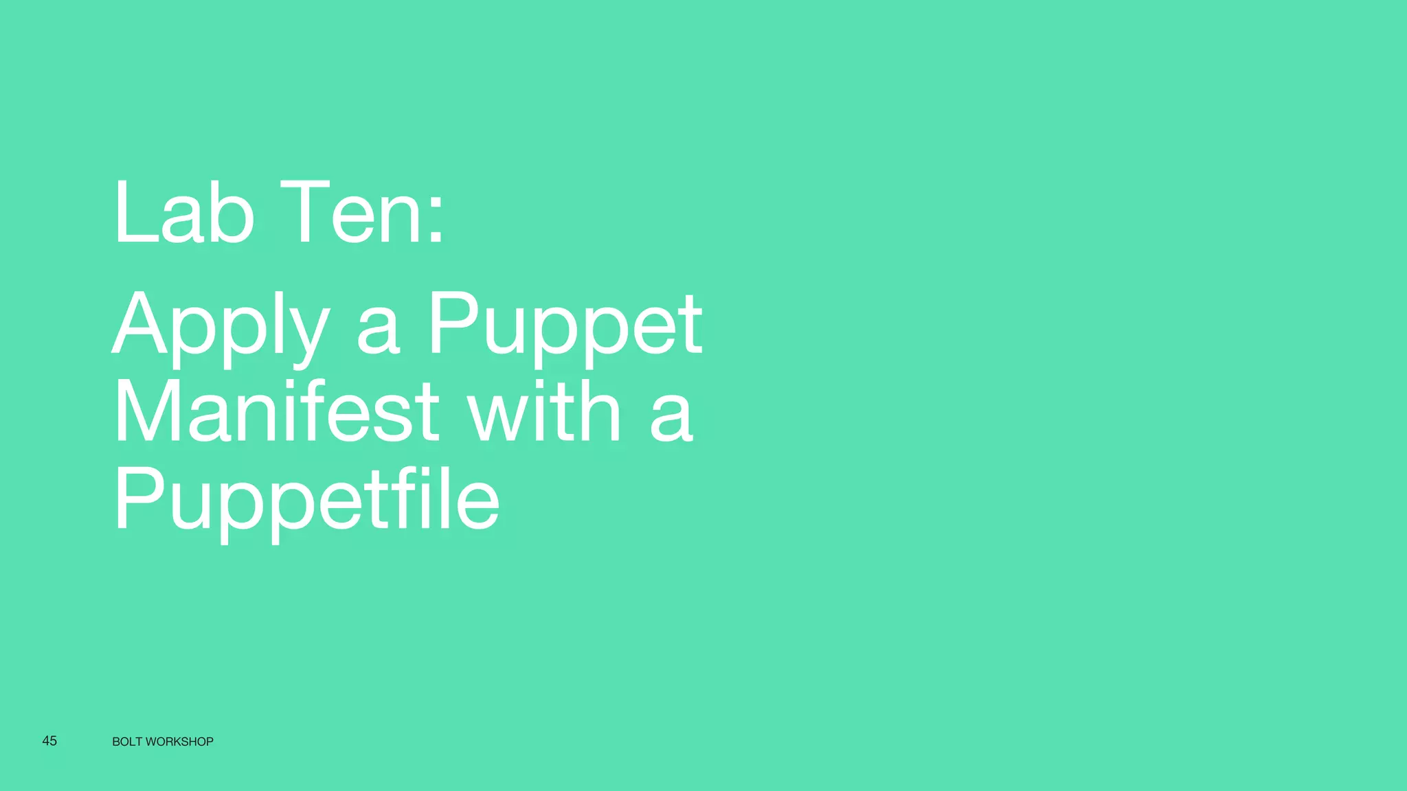 BOLT WORKSHOP45
Lab Ten:
Apply a Puppet
Manifest with a
Puppetfile
 