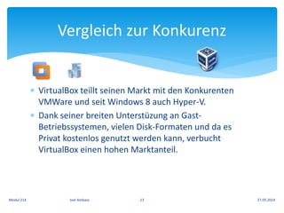  VirtualBox teillt seinen Markt mit den Konkurenten
VMWare und seit Windows 8 auch Hyper-V.
 Dank seiner breiten Unterstüzung an Gast-
Betriebssystemen, vielen Disk-Formaten und da es
Privat kostenlos genutzt werden kann, verbucht
VirtualBox einen hohen Marktanteil.
Vergleich zur Konkurenz
27.05.2014Modul 214 Joel Ambass 13
 