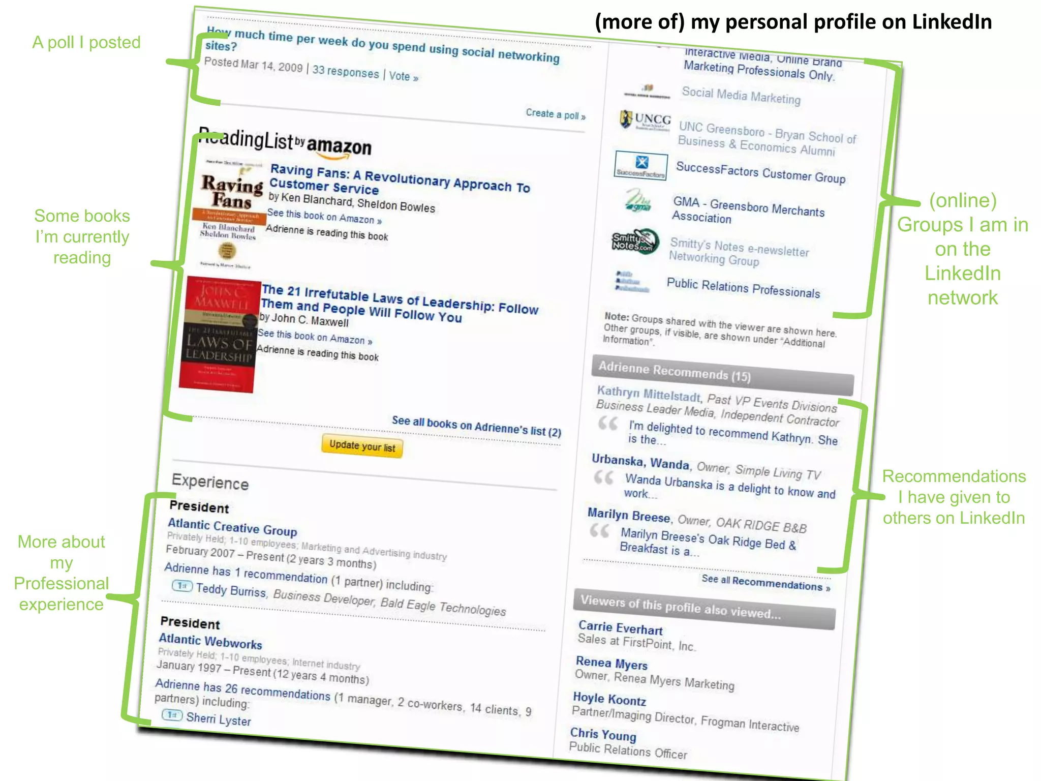 (more of) my personal profile on LinkedIn
A poll I posted

Some books
I’m currently
reading

(online)
Groups I am in
on the
LinkedIn
network

Recommendations
I have given to
others on LinkedIn
More about
my
Professional
experience

 