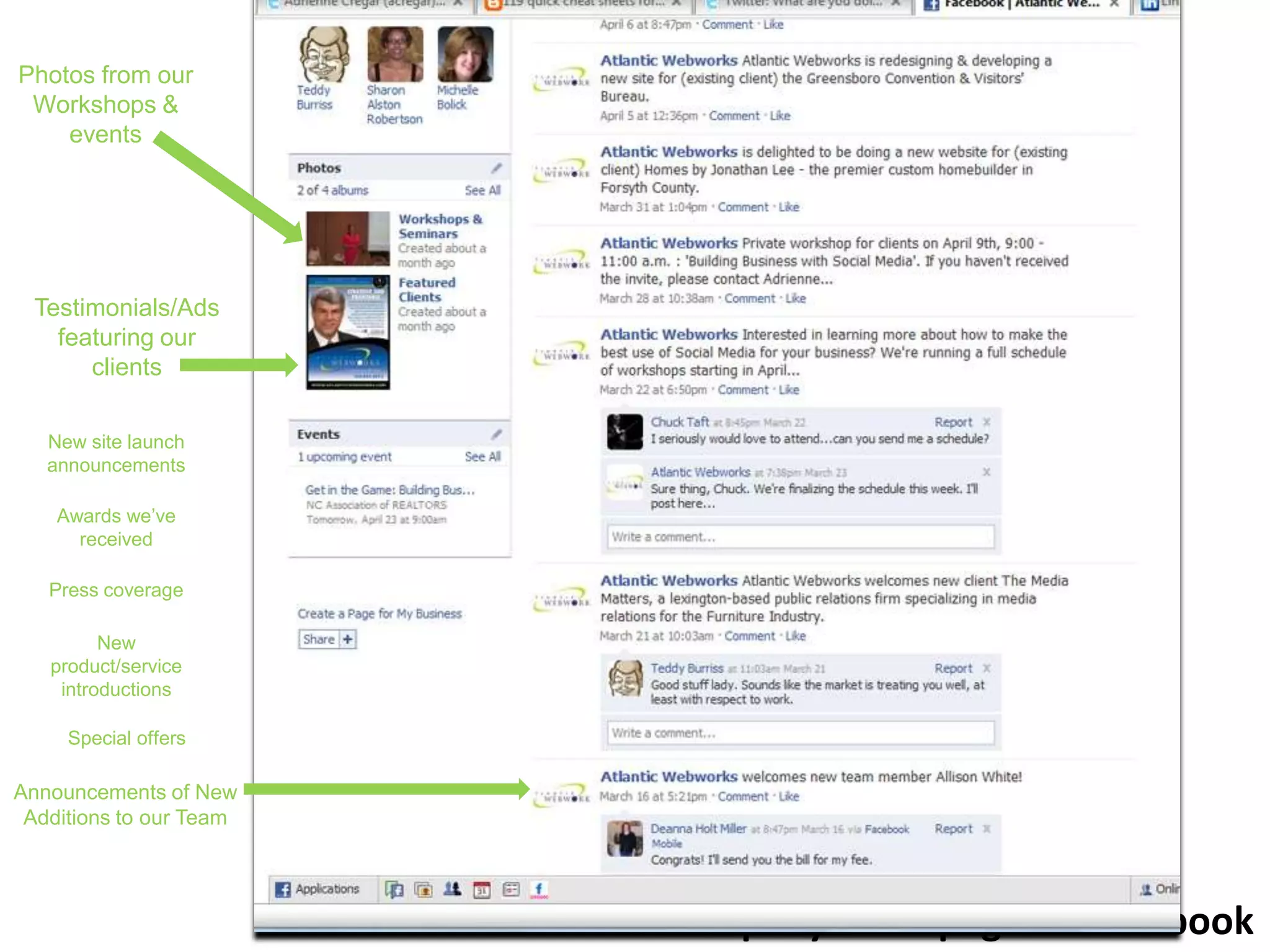 Photos from our
Workshops &
events

Testimonials/Ads
featuring our
clients
New site launch
announcements
Awards we’ve
received
Press coverage
New
product/service
introductions
Special offers

Announcements of New
Additions to our Team

Our Company ‘FAN’ page on Facebook

 