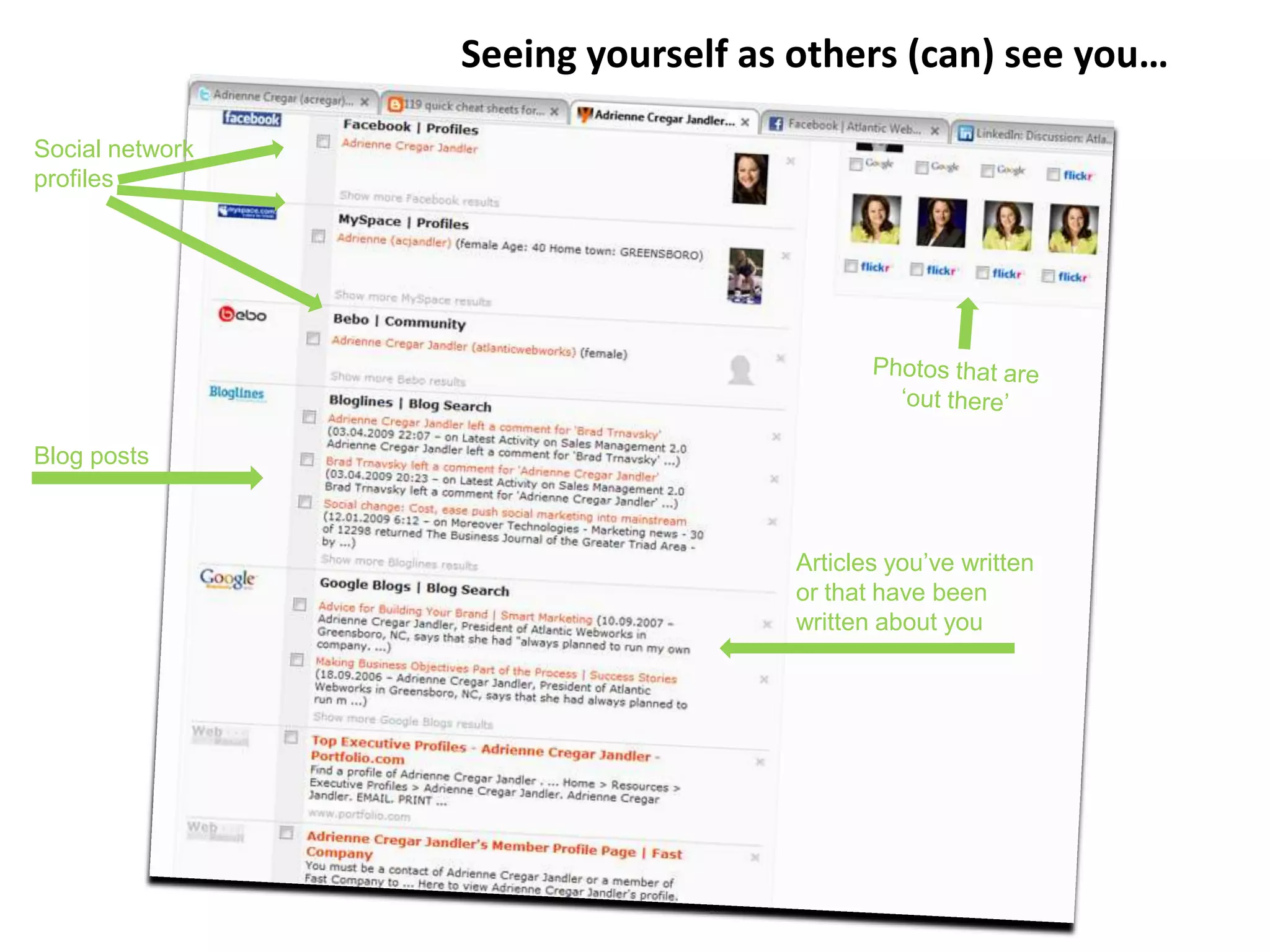 Seeing yourself as others (can) see you…
Social network
profiles

Blog posts

Articles you’ve written
or that have been
written about you

 