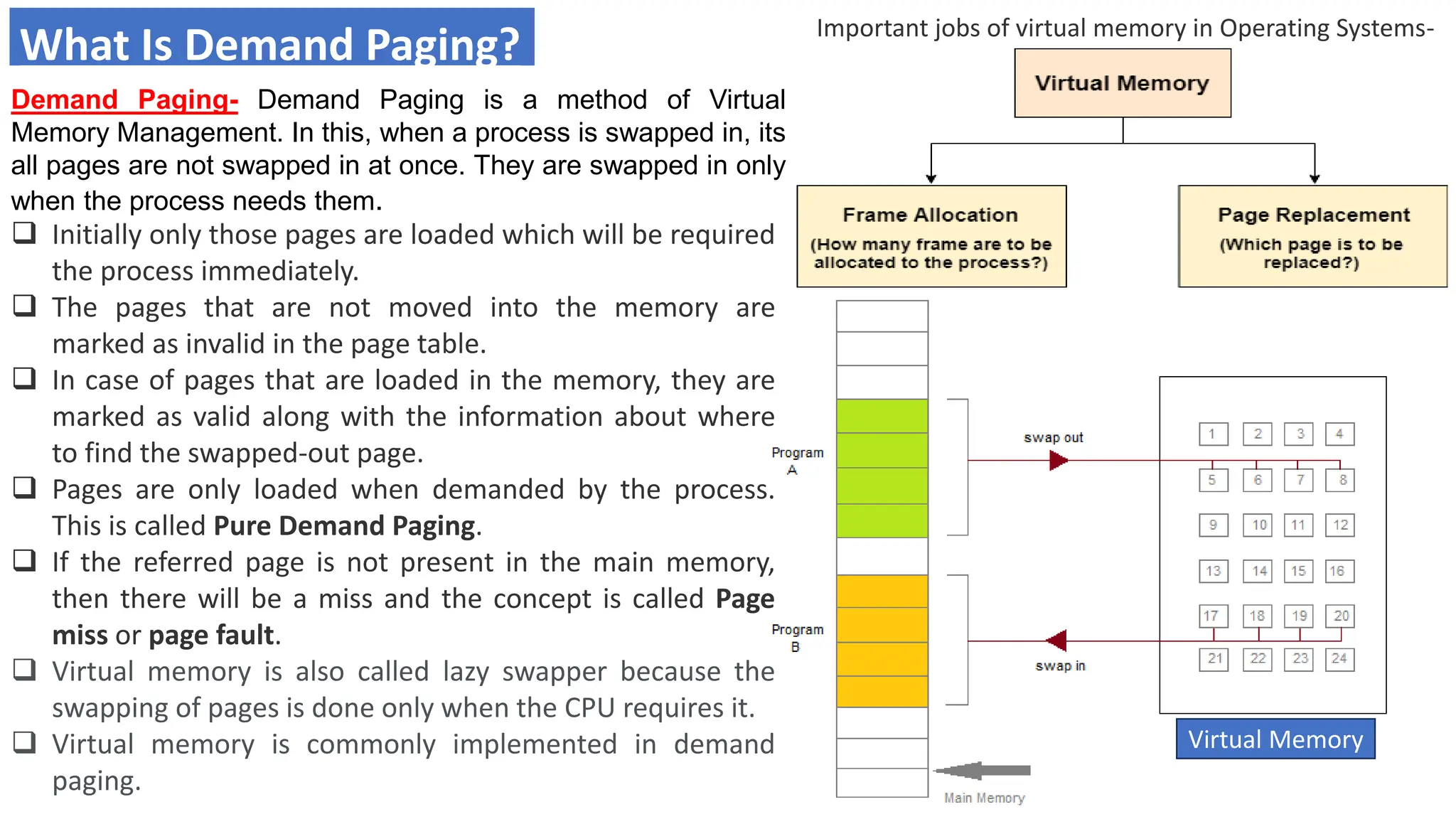 What Is Demand Paging?
Demand Paging- Demand Paging is a method of Virtual
Memory Management. In this, when a process is swapped in, its
all pages are not swapped in at once. They are swapped in only
when the process needs them.
❑ Initially only those pages are loaded which will be required
the process immediately.
❑ The pages that are not moved into the memory are
marked as invalid in the page table.
❑ In case of pages that are loaded in the memory, they are
marked as valid along with the information about where
to find the swapped-out page.
❑ Pages are only loaded when demanded by the process.
This is called Pure Demand Paging.
❑ If the referred page is not present in the main memory,
then there will be a miss and the concept is called Page
miss or page fault.
❑ Virtual memory is also called lazy swapper because the
swapping of pages is done only when the CPU requires it.
❑ Virtual memory is commonly implemented in demand
paging.
Important jobs of virtual memory in Operating Systems-
Virtual Memory
 