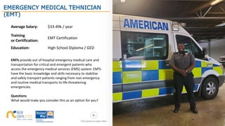 EMERGENCY MEDICAL TEHNICIAN
(EMT)
Average Salary: $33-49k / year
Training
or Certification:
EMT Certification
Education: High School Diploma / GED
EMTs provide out of hospital emergency medical care and
transportation for critical and emergent patients who
access the emergency medical services (EMS) system. EMTs
have the basic knowledge and skills necessary to stabilize
and safely transport patients ranging from non-emergency
and routine medical transports to life threatening
emergencies.
Questions
What would make you consider this as an option for you?
Click photo to play video
 