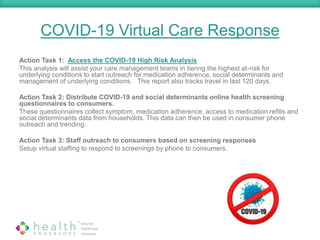 COVID-19 Virtual Care Response
Action Task 1: Access the COVID-19 High Risk Analysis
This analysis will assist your care management teams in tiering the highest at-risk for
underlying conditions to start outreach for medication adherence, social determinants and
management of underlying conditions. This report also tracks travel in last 120 days.
Action Task 2: Distribute COVID-19 and social determinants online health screening
questionnaires to consumers.
These questionnaires collect symptom, medication adherence, access to medication refills and
social determinants data from households. This data can then be used in consumer phone
outreach and trending.
Action Task 3: Staff outreach to consumers based on screening responses
Setup virtual staffing to respond to screenings by phone to consumers.
 
