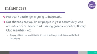 Influencers
24
❖ Not every challenge is going to have Laz…
❖ But chances are you know people in your community who
are influencers - leaders of running groups, coaches, Rotary
Club members, etc.
○ Engage them to participate in the challenge and share with their
networks
 