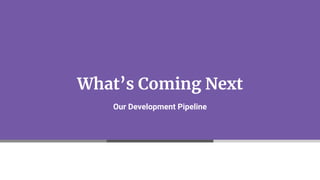 What’s Coming Next
Our Development Pipeline
 