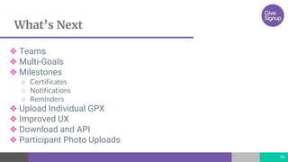 What’s Next
26
❖ Teams
❖ Multi-Goals
❖ Milestones
○ Certificates
○ Notifications
○ Reminders
❖ Upload Individual GPX
❖ Improved UX
❖ Download and API
❖ Participant Photo Uploads
 