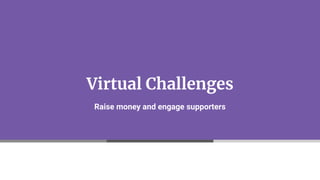 Virtual Challenges
Raise money and engage supporters
 
