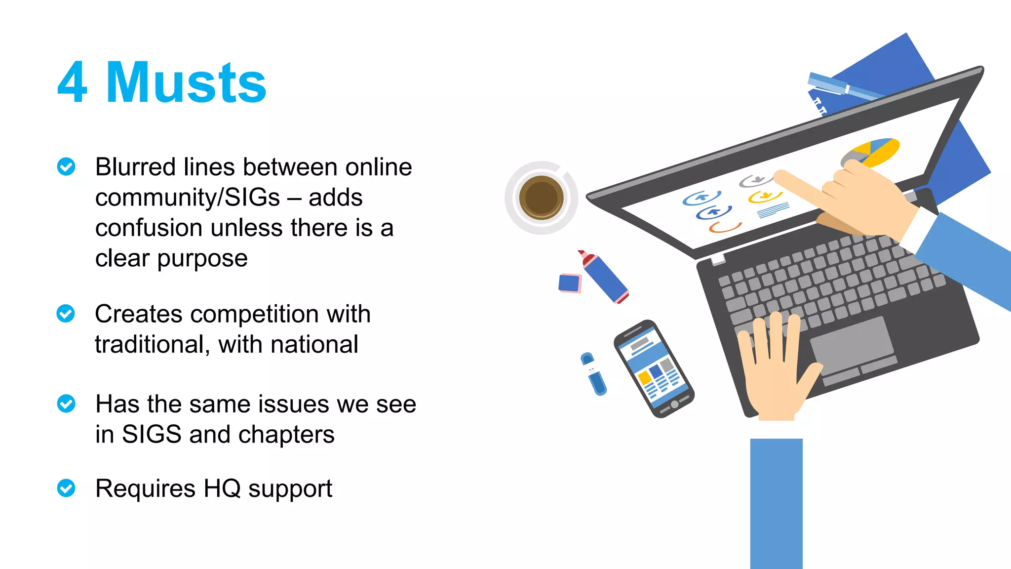 Blurred lines between online
community/SIGs – adds
confusion unless there is a
clear purpose
4 Musts
Creates competition with
traditional, with national
Has the same issues we see
in SIGS and chapters
Requires HQ support
 