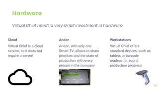Cloud
Virtual Chief is a cloud
service, so it does not
require a server!
10
Andon
Andon, with only one
Smart-TV, allows to share
priorities and the state of
production with every
person in the company
Workstations
Virtual Chief offers
standard devices, such as
tablets or barcode
readers, to record
production progress
Hardware
Virtual Chief needs a very small investment in hardware
 