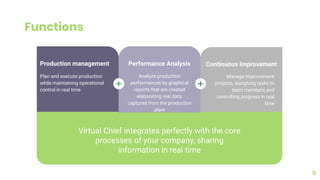 Functions
5
Production management
Plan and execute production
while maintaining operational
control in real time
Continuous Improvement
Manage improvement
projects, assigning tasks to
team members and
controlling progress in real
time
Virtual Chief integrates perfectly with the core
processes of your company, sharing
information in real time
Performance Analysis
Analyze production
performances by graphical
reports that are created
elaborating real data,
captured from the production
plant
 