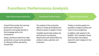 Functions: Performance Analysis
8
Quality Performance
Thanks to intuitive graphs it is
possible to analyze quantity and
costs of non-compliances.
In addition, with respect to the
ISO9001: 2015 standard, Virtual
Chief provides risk analysis
reports for each category of non-
compliance.
Key Performance Indicators
Virtual Chief provides the main key
performance indicators of
production and quality directly on
the homepage and on the
workstations.
Delays, production lead times, labor
productivity, are just some examples
of indicators (KPIs) reported by
Virtual Chief.
Production Performance
The analysis of the production,
allows to create personalized and
effective reports in graphic format.
Available reports help analyze the
performance of production
departments with special filters by
products, tasks, operators and
customers.
 