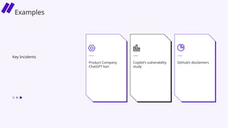 Product Company
ChatGPT ban
Copilot’s vulnerability
study
GitHub’s disclaimers
Key Incidents
Examples
 