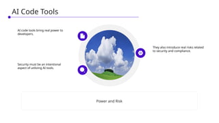 Power and Risk
AI code tools bring real power to
developers.
They also introduce real risks related
to security and compliance.
Security must be an intentional
aspect of utilizing AI tools.
AI Code Tools
 